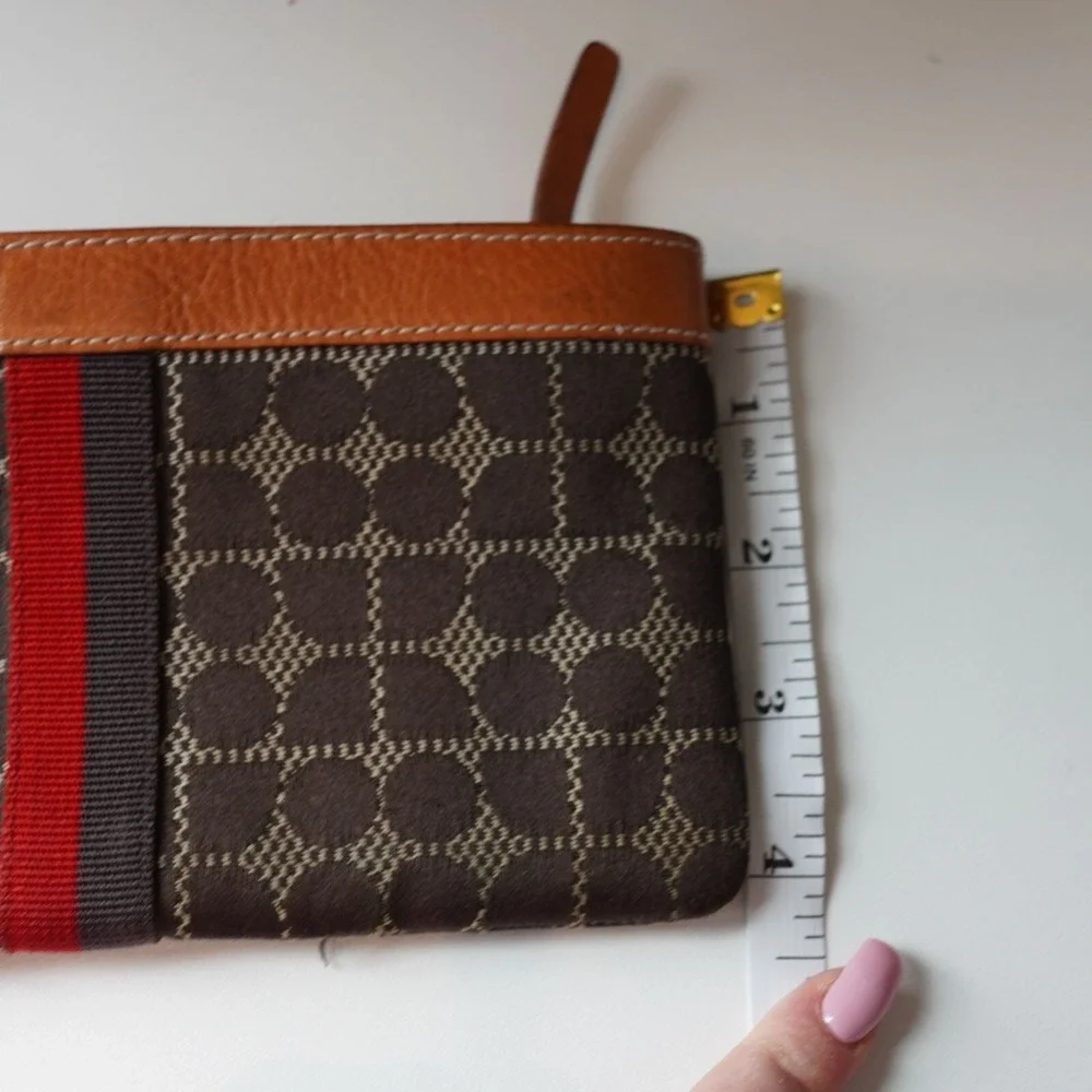 Kate Spade Wristlet Leather Trimmed Printed Tile Weaved‎ Fabric Brown Tan